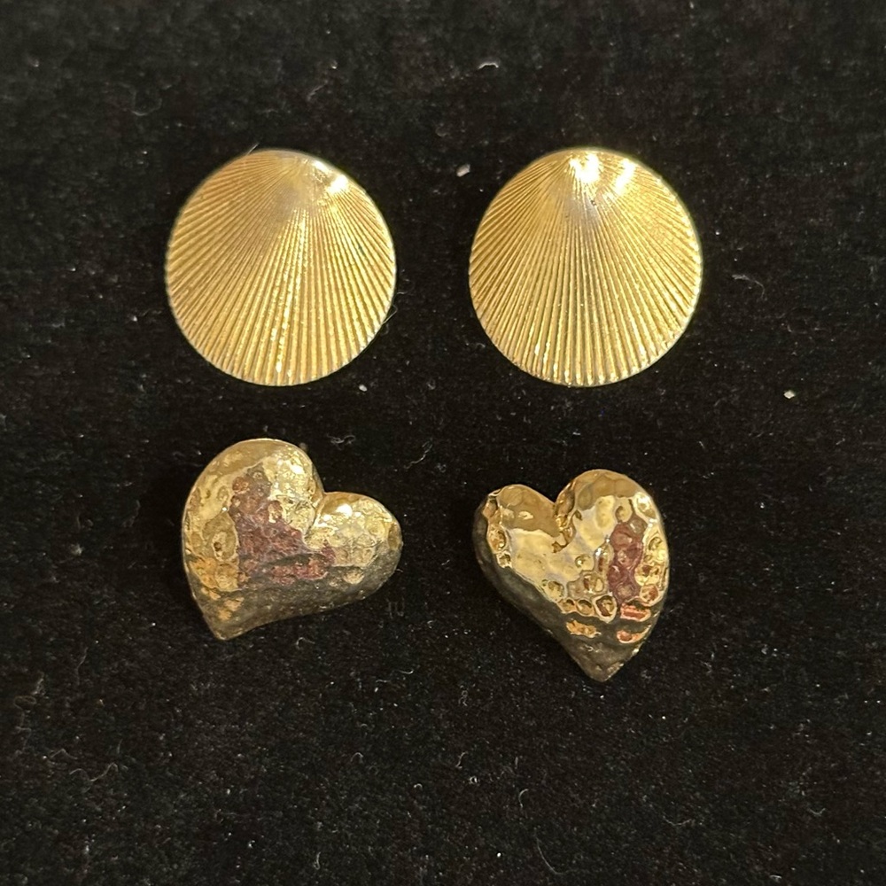 Gold Tone Round and Heart Stud Earring Set - Gold